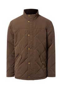 Veste matelassée marron avec un quilt en losanges, col haut, boutons-pression dorés, deux poches latérales et une texture lisse.