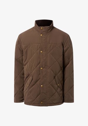 Braune gepolsterte Jacke mit Rautensteppung, hohem Kragen, goldenen Druckknöpfen, zwei Seitentaschen und glatter Textur.