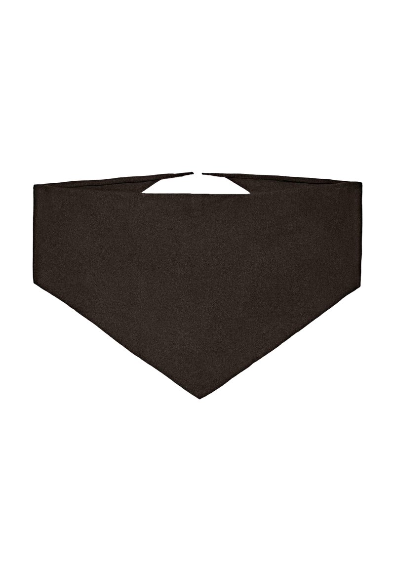 Bandana di tessuto marrone scuro, forma triangolare con estremità appuntite, texture liscia e chiusure a cravatta sul retro per una vestibilità sicura.