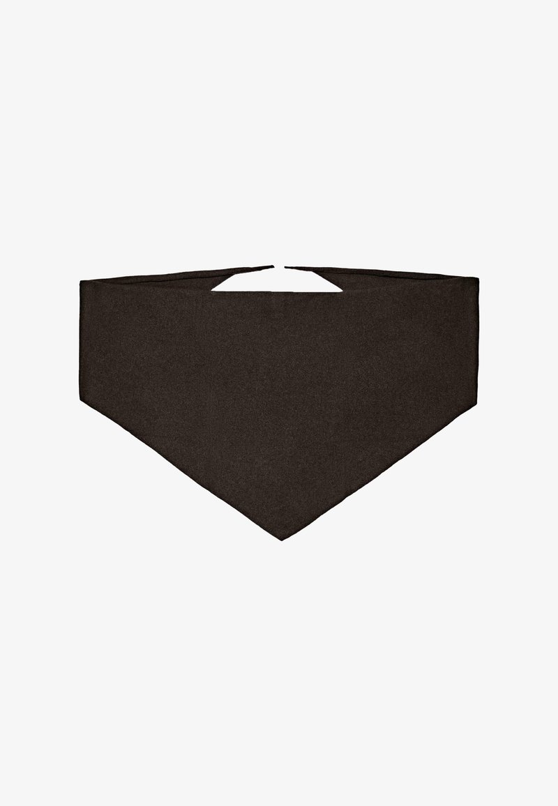Mørkebrun stofbandana, trekantet med spidse ender, glat tekstur og båndlukninger bagpå for en sikker pasform.