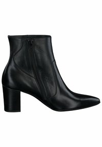Černá kožená kotníková bota s špičatou špičkou, bočním zipem a blokovaným podpatkem. Hladká textura a minimální designové detaily.