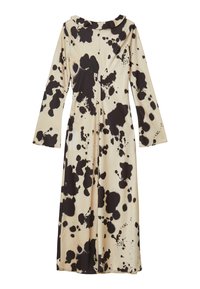 Abito a maniche lunghe in tessuto beige con motivo a schizzi neri. Presenta un collo rotondo e maniche svasate. Tessuto liscio e elasticizzato.
