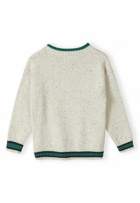 Pulover de culoare crem cu o textură flecurată, guler verde cu dungi, și manșete verzi și negre cu dungi. Croi lejer, cu mâneci lungi.