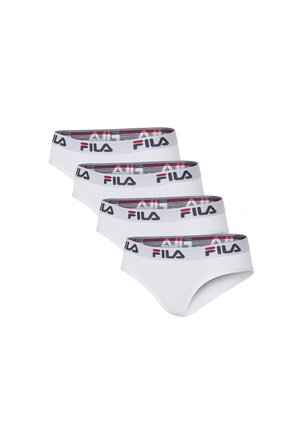 Four white Fila branded briefs stacked, showing elastic waistbands with black and red Fila logos on gray bands.