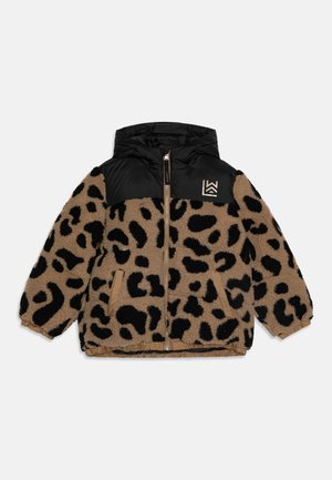 Brown and black leopard print jacket made of fuzzy material with a black padded upper section, front zip, and two side pockets.