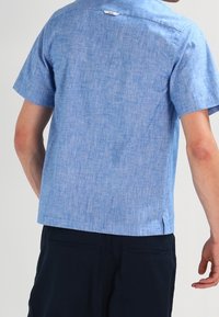 Man i ljusblå kortärmad skjorta och mörka byxor, sedd bakifrån med höger arm något utsträckt.