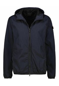 Giacca a vento navy con chiusura zip, cappuccio e polsini elastici. Realizzata in tessuto leggero e testurizzato, con sottili accenti di logo.