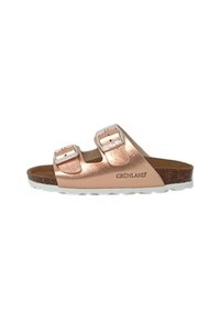 Pantofole slide in oro rosa Grünland con due fibbie regolabili, una tomaia metallica tessurizzata e un plantare in sughero marrone con suola bianca.