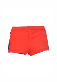 Red swim shorts with a solid color front and blue patterned sides. Made of lightweight material, featuring an elastic waistband for a secure fit.
