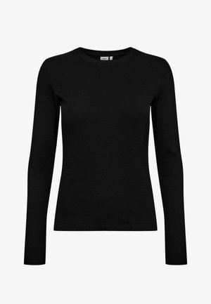 T-shirt a maniche lunghe nera in tessuto a coste con scollatura rotonda. Design semplice, forma aderente e maniche senza cuciture. Nessun logo visibile.