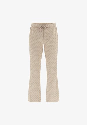 Lys beige mønstrede bukser med en afslappet pasform, snøre i taljen og flagrende ben. Stoffet har en glat tekstur og subtile designdetaljer.