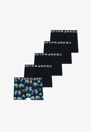 Zestaw bokserek składający się z pięciu par czarnych i jednej pary w wzory z kolorowymi zwierzętami, wszystkie z białym logo na pasku.