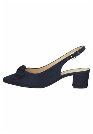 Marineblå ruskinds slingback-sko med blokhæl, spids tå, dekorativ sløjfe og justerbar strop med sølvspænde.