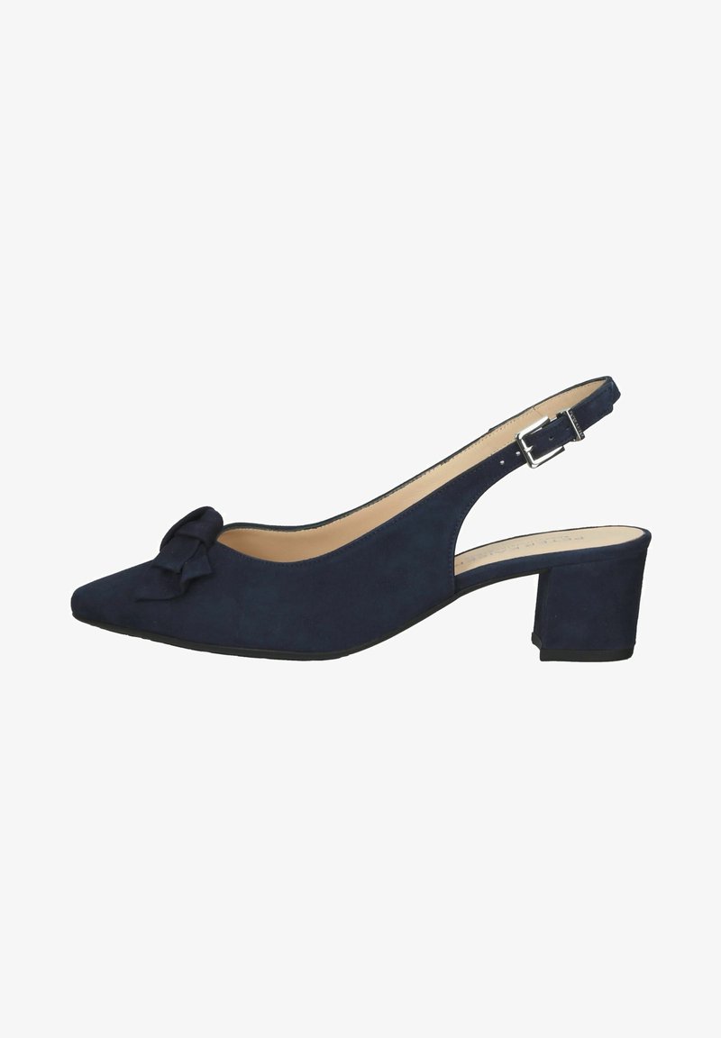 Chaussure à bride arrière en daim bleu marine avec talon bloc, bout pointu, nœud décoratif et bride réglable avec boucle argentée.