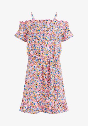 Blomsterkjole med bare skuldre med små blomster i pink, blå, orange og hvid, tynde skulderstropper og et matchende stofbælte i taljen.