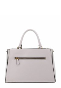 Borsa strutturata in materiale sintetico rosa chiaro, con tasca frontale con zip, dettagli in hardware dorato e bordi neri.