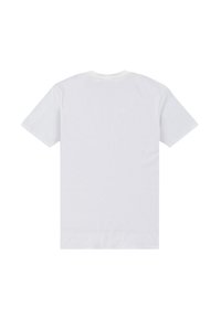Hvid bomulds T-shirt, korte ærmer, rund hals. Glat tekstur, ingen mønstre eller grafik, enkel bagside, standardiseret pasform.