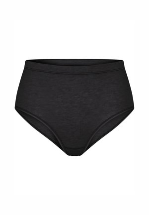 Zwarte high-waisted slip van gladde stof. Heeft een brede elastische tailleband en naadloze randen, wat zorgt voor volledige bedekking en comfort.