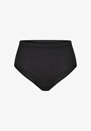 Zwarte high-waisted slip van gladde stof. Heeft een brede elastische tailleband en naadloze randen, wat zorgt voor volledige bedekking en comfort.