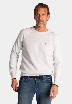 Man met kort haar en baard, gekleed in een lichtgrijze gebreide trui met een rood logo en blauwe spijkerbroek, tegen een effen witte achtergrond.