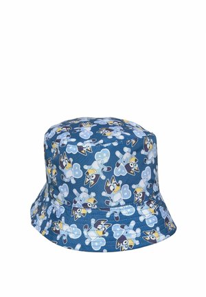 Blue bucket hat covered in cartoon dog characters wearing yellow caps and white clouds on a dark blue background.