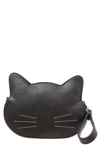 Black synthetic leather pouch with cat ear shape, white whisker stitching, and zip closure. Features a wrist strap for easy carrying.