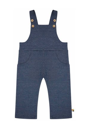 Blaue Kleinkind-Latzhosen mit Fronttaschen und verstellbaren Schultergurten, die mit vier Holzknöpfen befestigt sind.