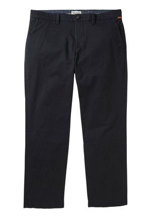 Dark navy blue chinos made of cotton. Features flat front, side pockets, and a button closure. Simple, straight-leg design.