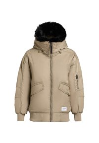 Giacca puffer beige con cappuccio foderato in pelliccia nera. Presenta maniche lunghe, due tasche frontali, chiusura a zip e polsini e orlo a costine.