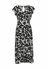 Czarna i biała kwiatowa długa sukienka maxi z krótkimi falbanianymi rękawami, dekoltem w kształcie litery V i plisowanym dołem; posiada wycięcie w kształcie dziurki na plecach.
