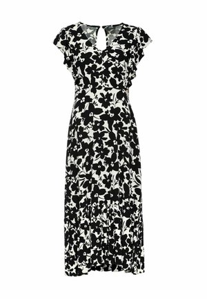 Czarna i biała kwiatowa długa sukienka maxi z krótkimi falbanianymi rękawami, dekoltem w kształcie litery V i plisowanym dołem; posiada wycięcie w kształcie dziurki na plecach.