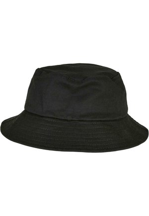 Svart bucket hat gjord av tyg, med en bred, nedåtböjd skärm och en mjuk, rund krone med diskret sömnad.