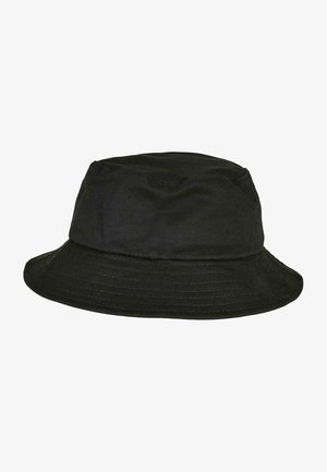 Svart bucket hat gjord av tyg, med en bred, nedåtböjd skärm och en mjuk, rund krone med diskret sömnad.