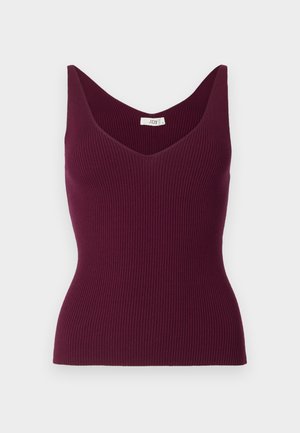 Bordeaux vroubkované tílko s V-výstřihem a širokými ramínky, s přiléhavým střihem a jemnou texturou. Štítek uvádí "JDY."