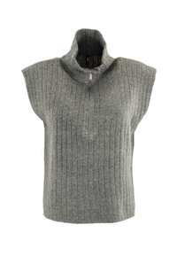 Jersey gris acanalado con cuello alto y mangas cortas, que cuenta con un zipper delantero y una textura suave. Material de punto ligero.