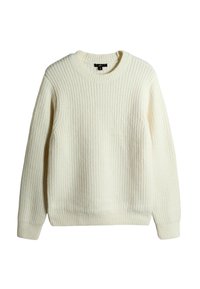 Cremefarbener Strickpullover mit gerippter Textur, Rundhalsausschnitt und langen Ärmeln. Leichtes Material, lässiges Design.
