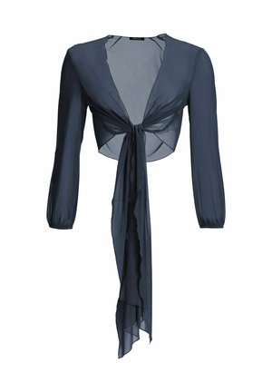 Haut court en voile bleu marine à manches longues avec un col en V profond et de longues attaches frontales formant un nœud froncé.