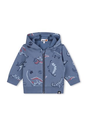 Haut à zip bleu pour tout-petit avec capuche, arborant des imprimés de dinosaures en rouge, blanc et bleu marine. Logo Timberland sur l'étiquette et l'ourlet.