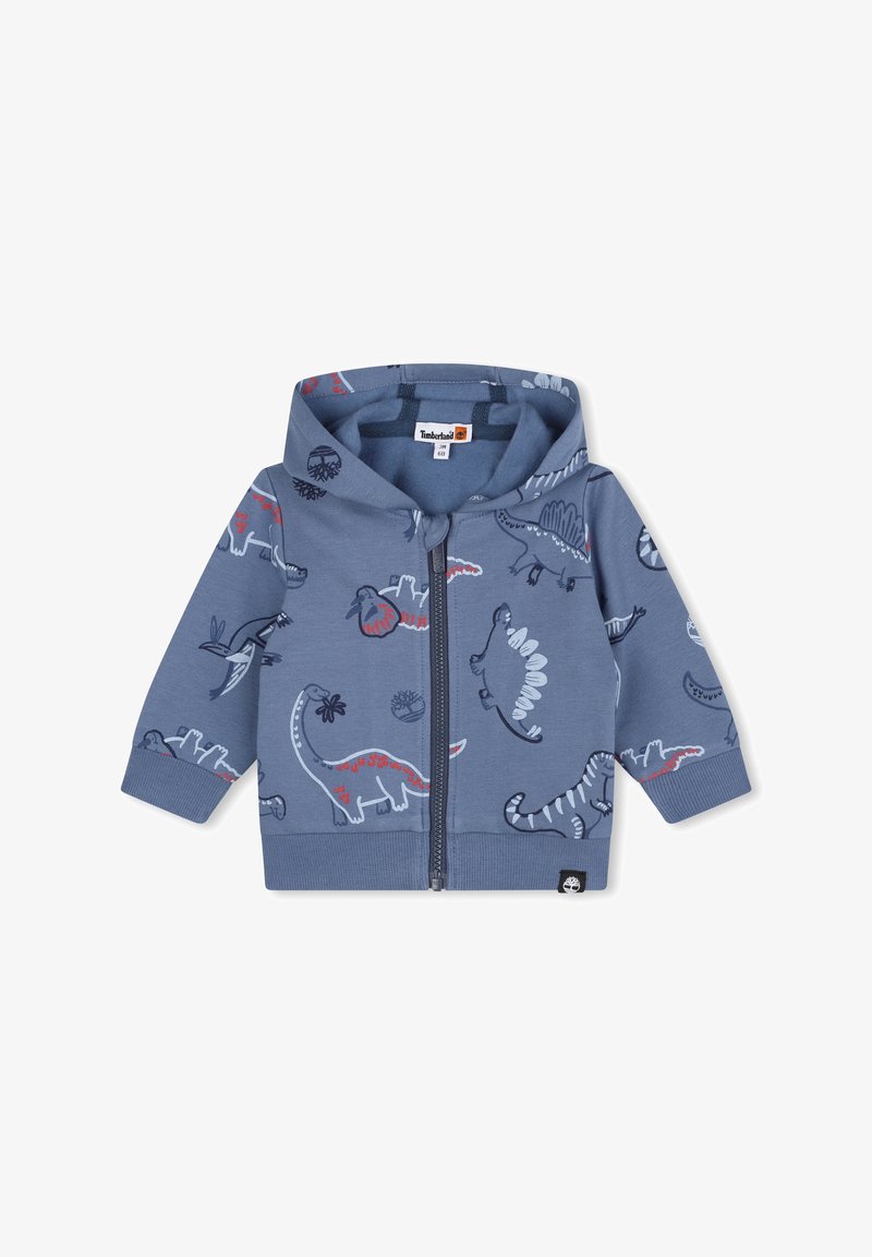 Blauwe peuter zip-up hoodie met capuchon, voorzien van cartoon dinosaurussen in rood, wit en marineblauw. Timberland-logo op het label en de zoom.
