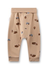 Beige Stoffhosen mit elastischem Bund. Ausgestattet mit braunen Bauernhoftieren und blauen Traktoren im Cartoon-Stil. Rippbündchen an den Knöcheln.