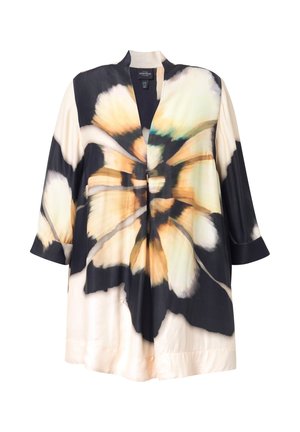 Leichter Kimono mit Blumenmuster in Beigetönen, Schwarz und sanften Pastellfarben; verfügt über einen Schalkragen und Dreiviertelärmel.