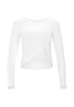 Top bianco a maniche lunghe con design aderente, scollatura rotonda e stile avvolgente asimmetrico in vita, caratterizzato da una texture liscia.