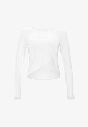 Valkoinen pitkähihaisuus paita, jossa on tiukka muotoilu, pyöreä pääntie ja epäsymmetrinen kietaisutyylinen vyötärö, jossa on sileä pinta.