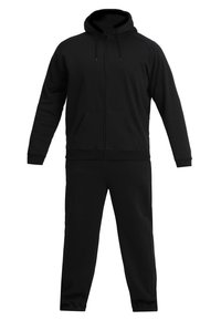 Black two-piece tracksuit made of soft fabric, featuring a zip-up hoodie with a hood, long sleeves, and elasticated cuffs, with matching pants.