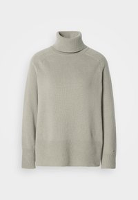 Light gray knit turtleneck sweater with long sleeves and ribbed cuffs and hem, shown on a plain white background.