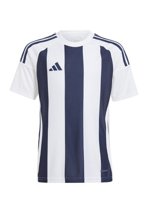 Weißes und marineblaues Adidas-Sporttrikot mit vertikalen Streifen, kurzen Ärmeln und Logo auf der linken Brustseite.