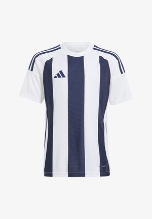 Weißes und marineblaues Adidas-Sporttrikot mit vertikalen Streifen, kurzen Ärmeln und Logo auf der linken Brustseite.