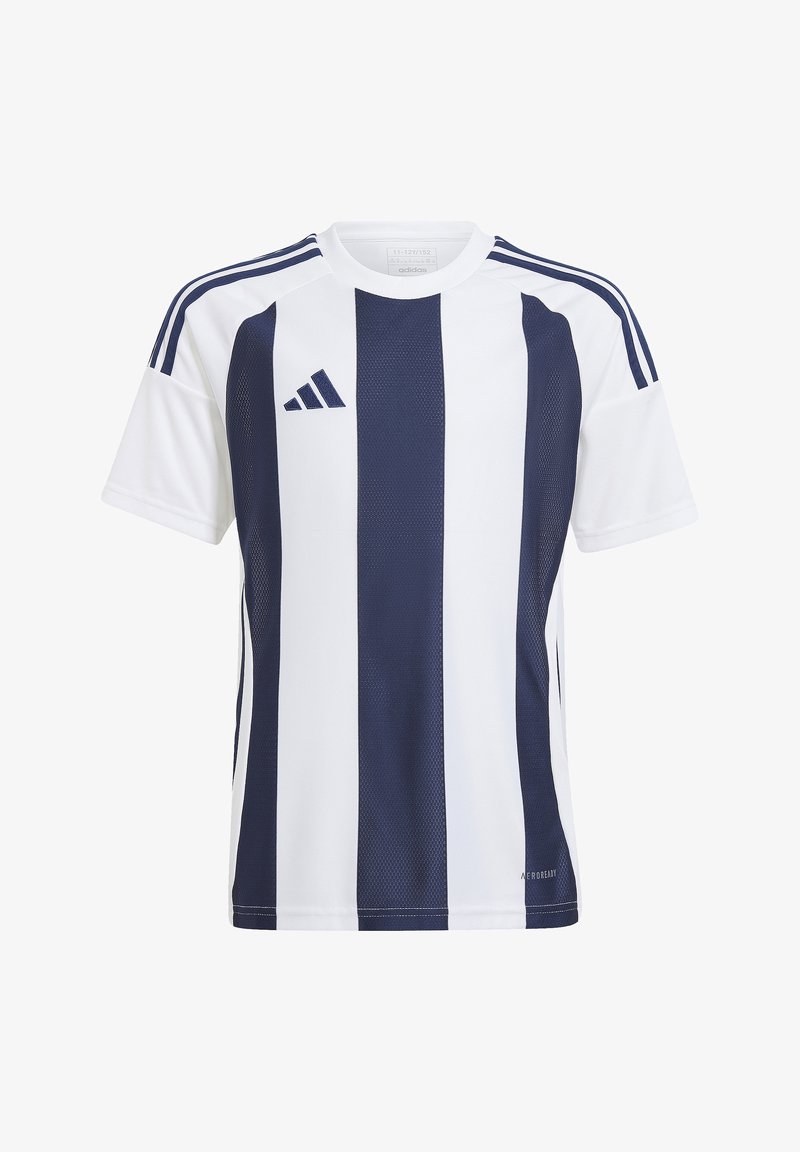 Maglia sportiva Adidas a righe verticali bianche e blu navy con maniche corte e logo sul petto a sinistra.