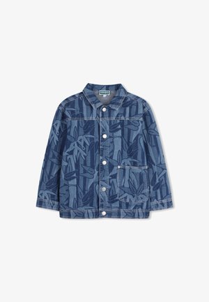 Veste en denim bleu foncé, avec un motif bambou et une poche frontale. Elle possède un col à revers et des boutons-pression argentés.
