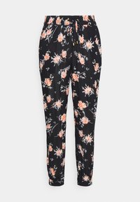 Pantaloni florali negri cu talie elastică, având un model floral în piersică și alb. Țesătura are o textură netedă și picioare conice.